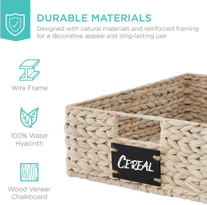 Best Choice Products Set of 4 9x12in Water Hyacinth Pantry Baskets, Woven Organizers w/Chalkboard Label, Chalk Marker - Natural