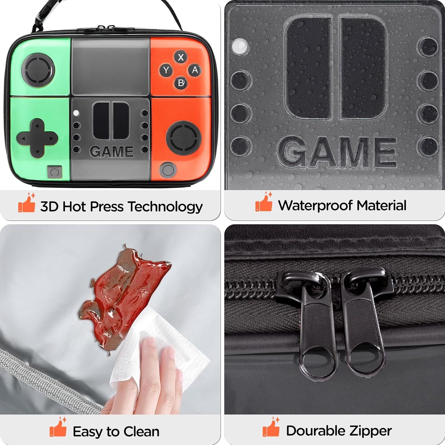 Kids Gamer Lunch Box for Boys, Game Console Insulated Lunch Bag, PU Leather Waterproof Lunchbox with Mesh Pocket, Durable Leakproof Lunch Tote Fits Bento Box for School