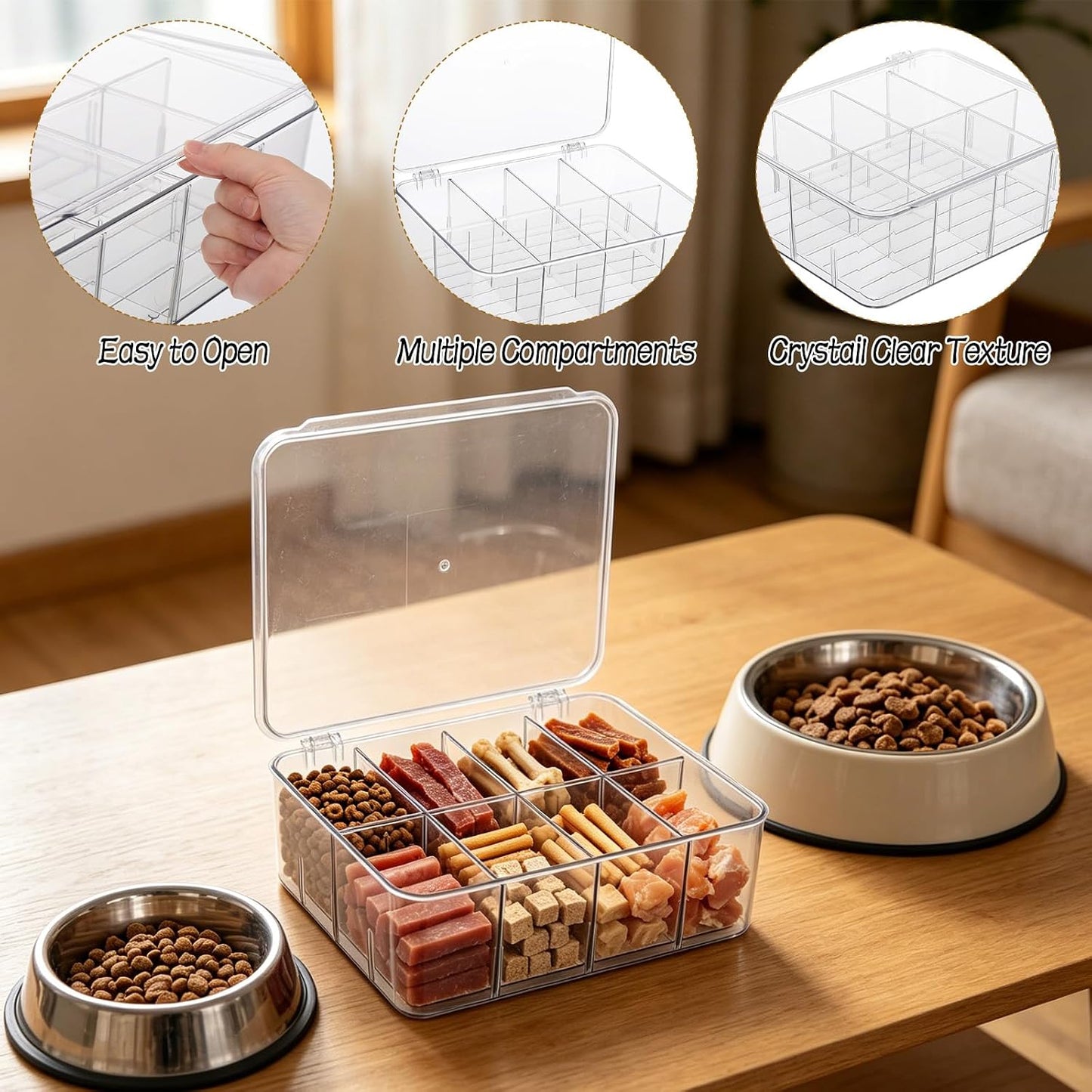 Dog Treat Organizer with Flip Lid, Acrylic Airtight Dog Treat Container, Pet Food Bin with Removable Dividers, Rectangular Dog Cat Treat Bin for Dog Cat Bird and other Pet