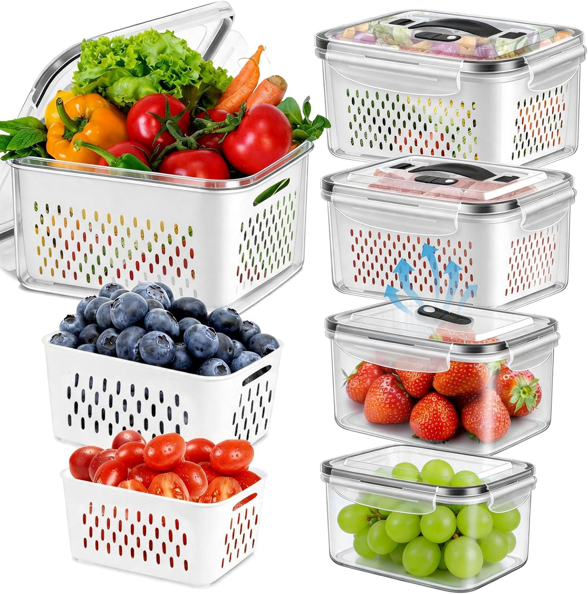 12 Pieces Fruit Storage Containers For Fridge with Removable Colanders
