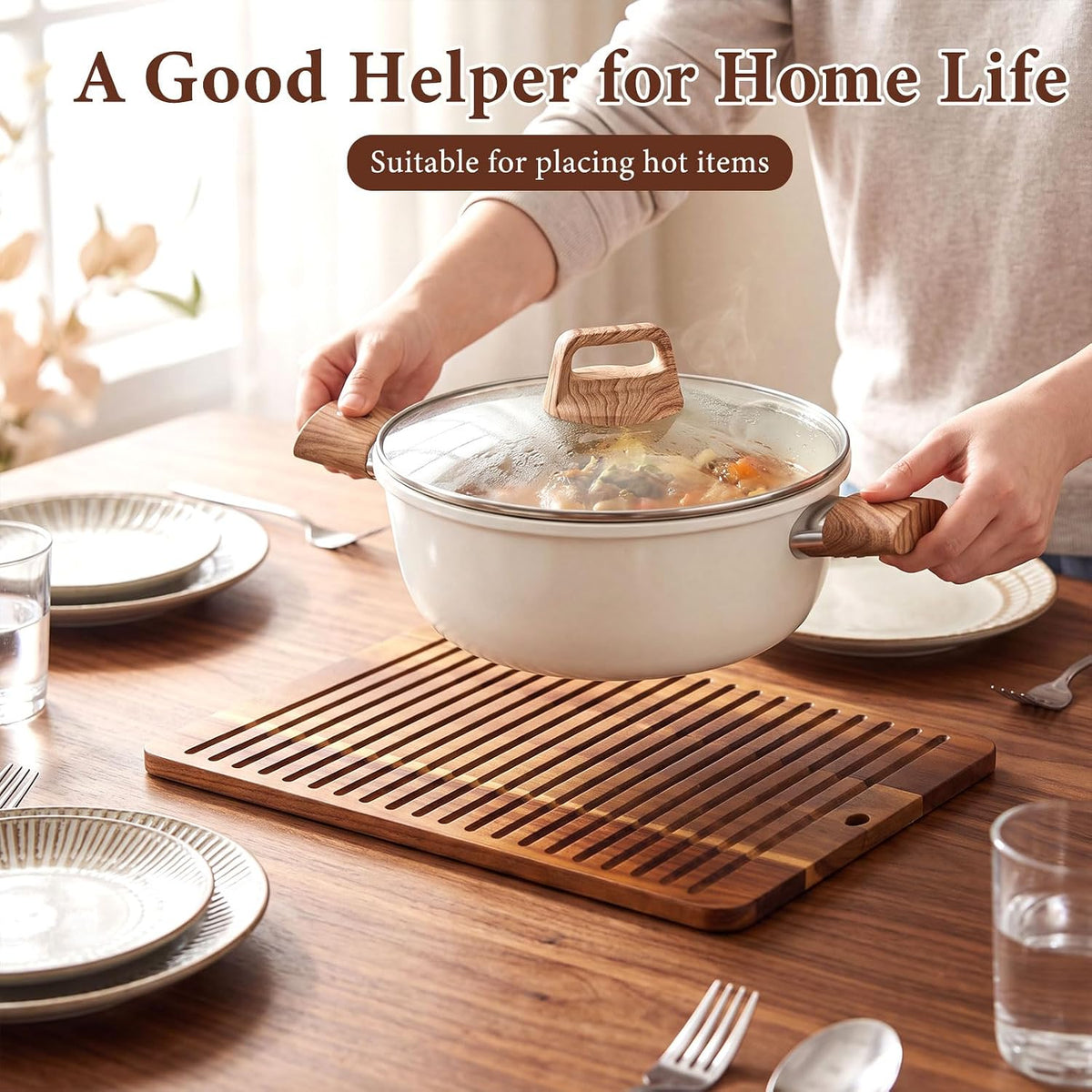 12 x 9 Inches Acacia Wood Trivet Mat Thicken Wooden Hot Pads Trivets Heat Resistant Non Slip Pads for Table Countertop Hot Dishes Holder Pot Bowl Teapot Kitchen Counter Protector