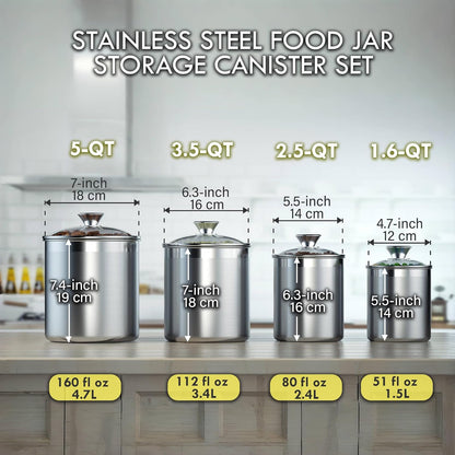 Cooks Standard Classic Stainless Steel Food Jar Storage Canister Set Medium, Airtight Containers with Glass Lid for Tea Coffee Sugar Flour Pantry Kitchen Counter, 4-Piece