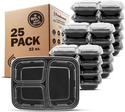 Freshware Meal Prep Containers [50 Pack] 3 Compartment Food Storage Containers with Lids, Bento Box, BPA Free, Stackable, Microwave/Dishwasher/Freezer Safe (24 oz)