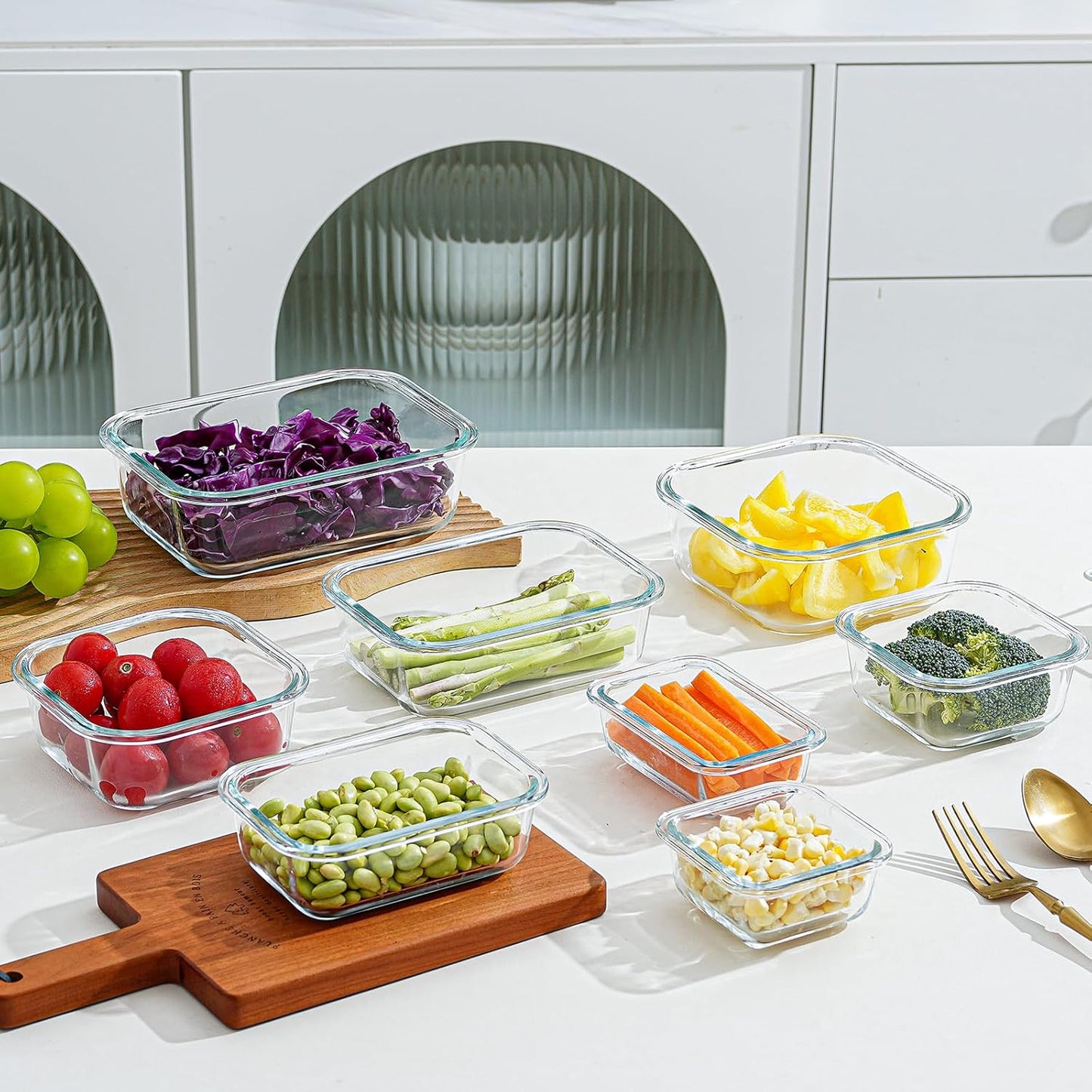 8-piece glass food storage container, glass pre meal preparation container, with sealing cover, suitable for use in microwave ovens, ovens, refrigerators, and dishwashers