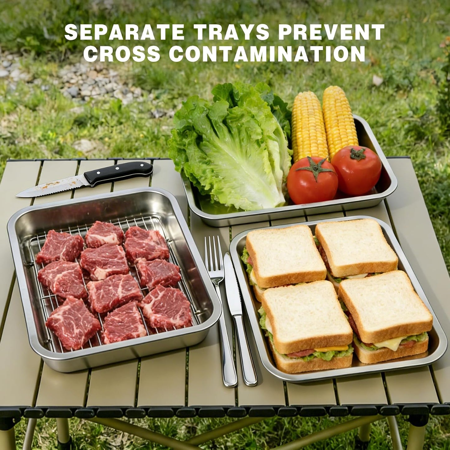 Lineslife 6pcs Grill Prep and Serve Trays, Stainless Steel Marinade Container with Lid, Grill Carry System Cutting Board for Outdoor Cooking BBQ Grill Accessories, Grilling Gift for Grill Lovers