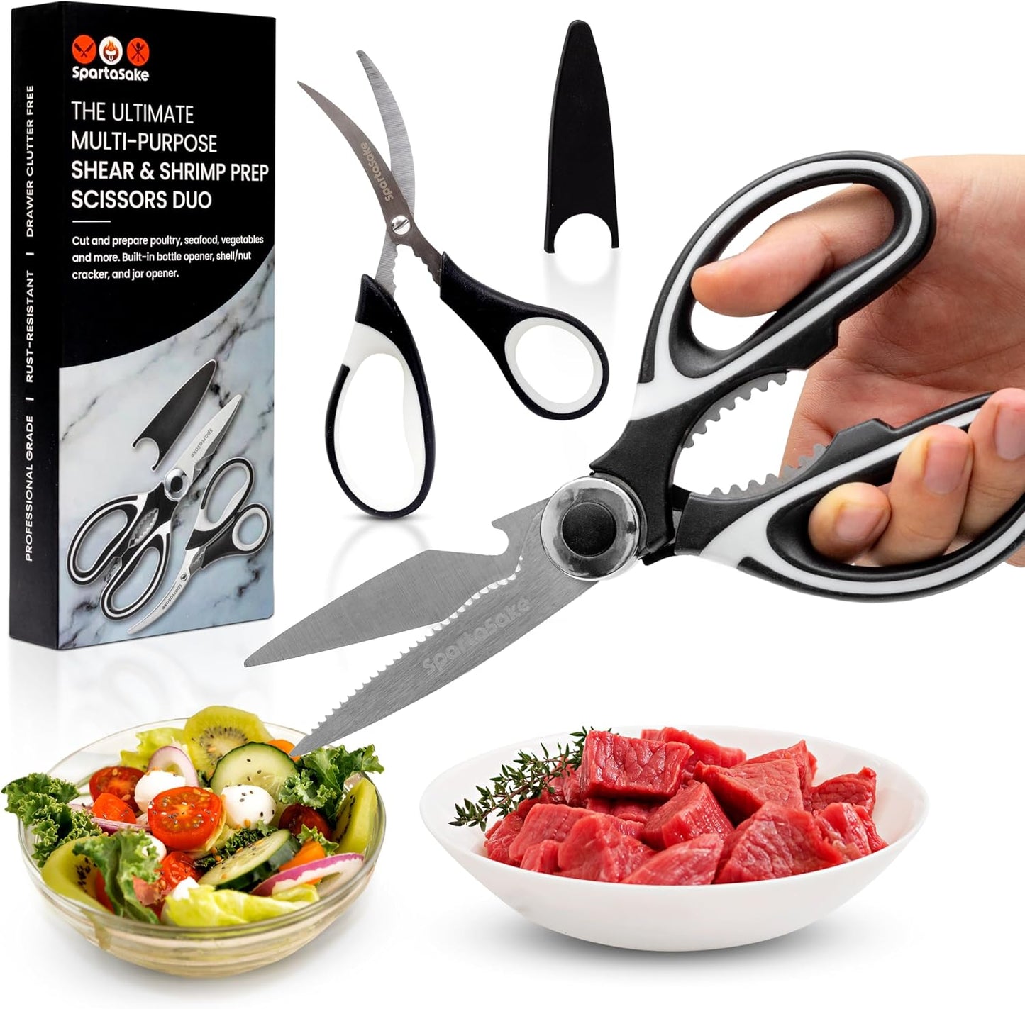 SpartaSake Premium Stainless Steel All Purpose Kitchen Shears with Sleeve - Heavy Duty Ultra Sharp kitchen Scissors for Food - Multipurpose Food Scissors for Meat Poultry Vegetable (Black-White)