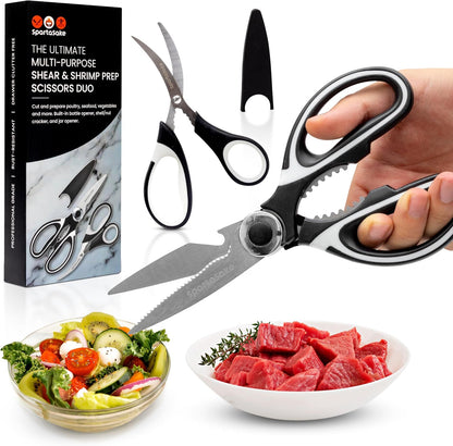 SpartaSake Premium Stainless Steel All Purpose Kitchen Shears with Sleeve - Heavy Duty Ultra Sharp kitchen Scissors for Food - Multipurpose Food Scissors for Meat Poultry Vegetable (Black-White)