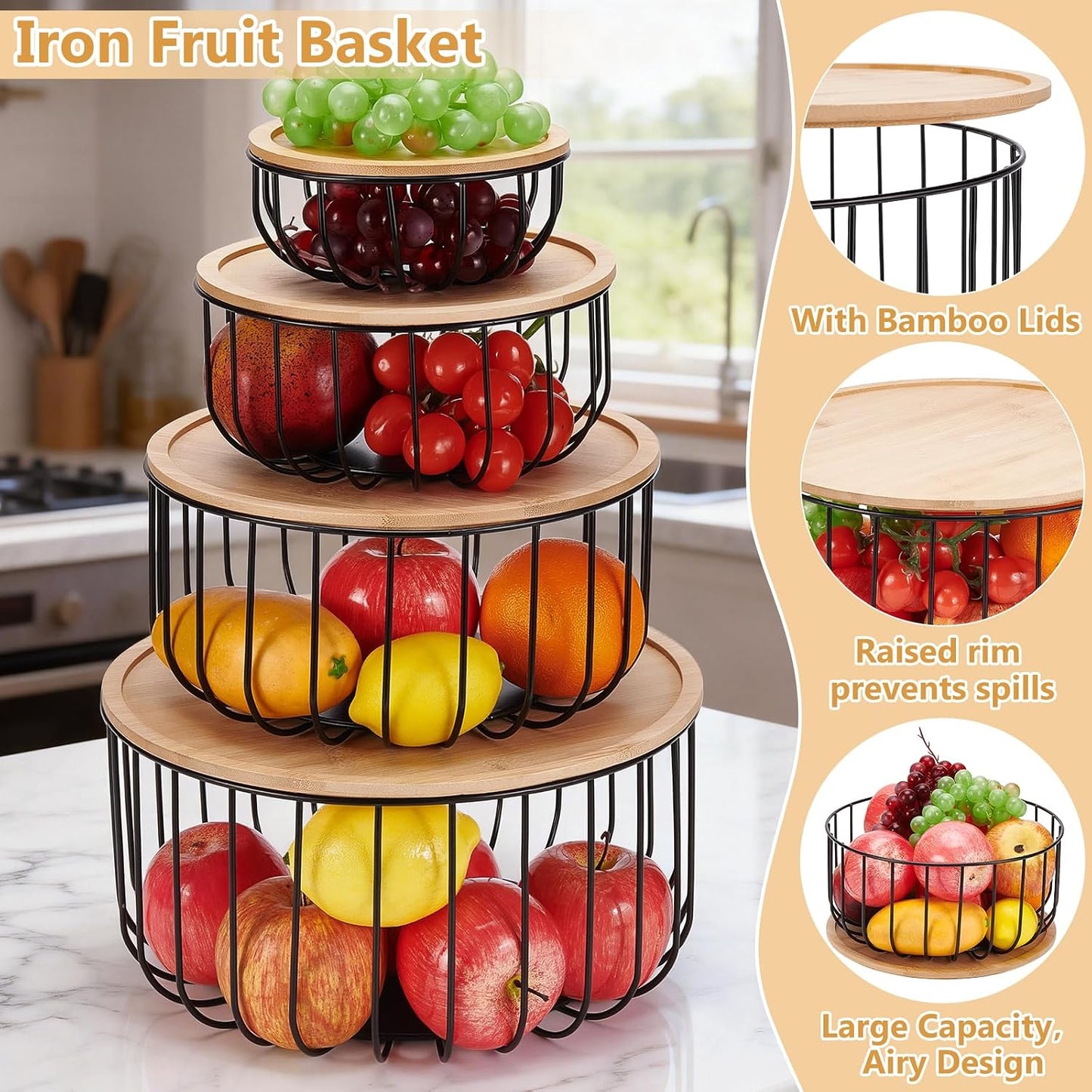 4Pcs Fruit Basket for Kitchen Counter Set, 11.9/10/8/6Inch Round Fruit Basket with Wooden Lid Countertop Bin for Produce Fruits Lemon Banana Candy Snack in Office, Black, 4 Size