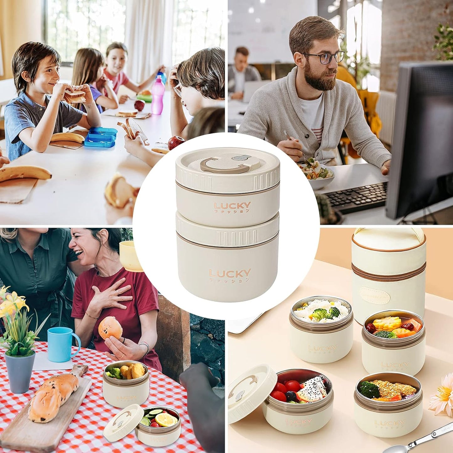 3 Compartments Bento Lunch box with Soup Bowl, Insulated Lunch Bag and Portable Utensils, Stainless Steel Camera Lunch Containers，Leak Proof Bento Box for Kids Adults Men Women…