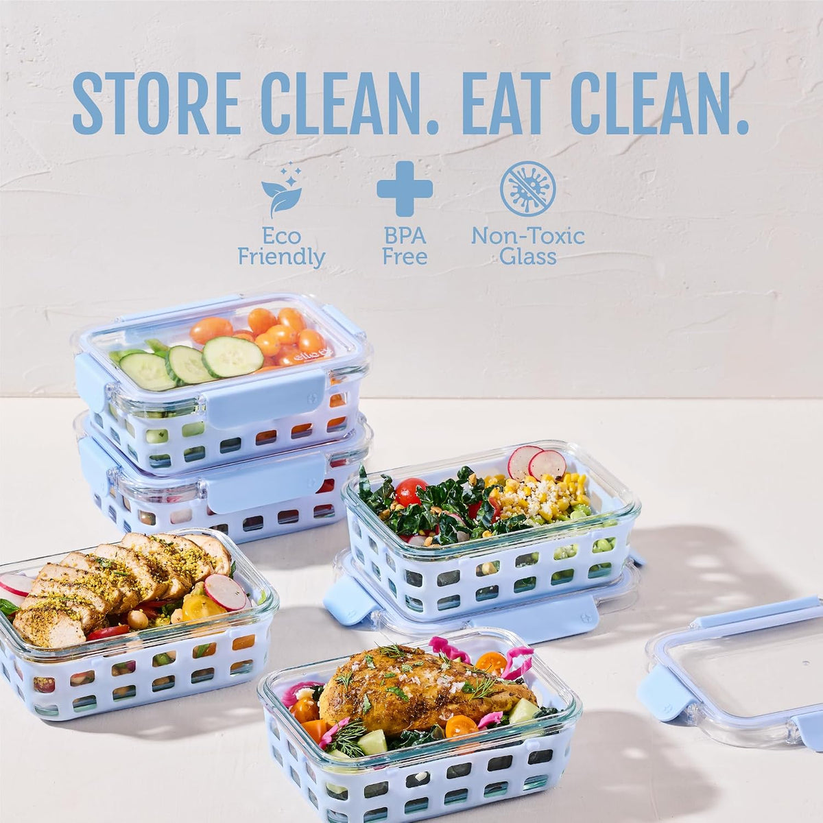 Ello Duraglass 3.4 Cup Meal Prep 10Pc,Set,Glass Food Storage Container with Silicone Sleeve and Airtight BPA-Free Plastic Lids,Dishwasher,Microwave & Freezer Safe,Evening Orchard,5 Count (Pack of 2)