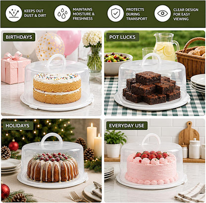 3-Pack Cake Carriers with Lids - 12 × 12 × 4.75 Inch Plastic Cake Containers - Lightweight BPA-Free Plastic Freezer Safe Reusable Storage with Handles Holds 10-Inch Cakes Stackable Easy Transport