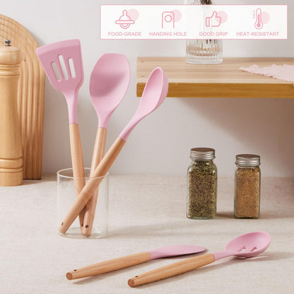 E-far Silicone Cooking Utensils Set, 5-Piece Kitchen Utensils Set with Wooden Handle for Cooking, Silicone Kitchen Nonstick Tools Spatula Turner Slotted Spoons, Nontoxic & Heat Resistant-Khaki