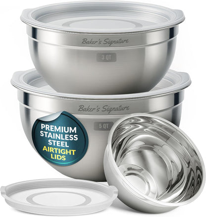 Baker's Signature Stainless Steel Mixing Bowls With Lid, Metal Mixing Bowl Set Of 5, Nesting Set For Food Prep, Baking,Storage, Cooking, Serving | Dishwasher Safe, 0.5/1.5/3/4/5 Qt