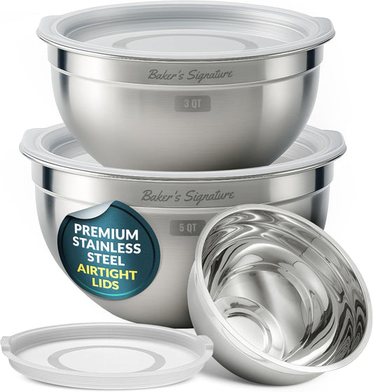 Baker's Signature Stainless Steel Mixing Bowls With Lid, Metal Mixing Bowl Set Of 5, Nesting Set For Food Prep, Baking,Storage, Cooking, Serving | Dishwasher Safe, 0.5/1.5/3/4/5 Qt