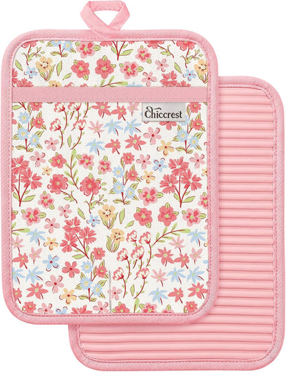 100% Thick Cotton Pot Holders Ribbed Soft Silicone Bright Flower