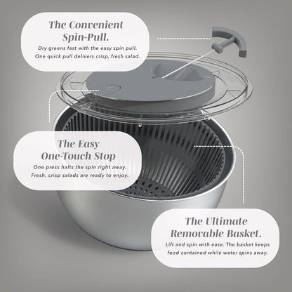 COOK WITH COLOR Stainless Steel Salad Spinner - 5 Qt. Lettuce Washer And Vegetable Spinner Dryer for Easy Salad Prep - Non Slip Base with Pull Handle - Auto Stop Brake System, Stain and Odor Resistant