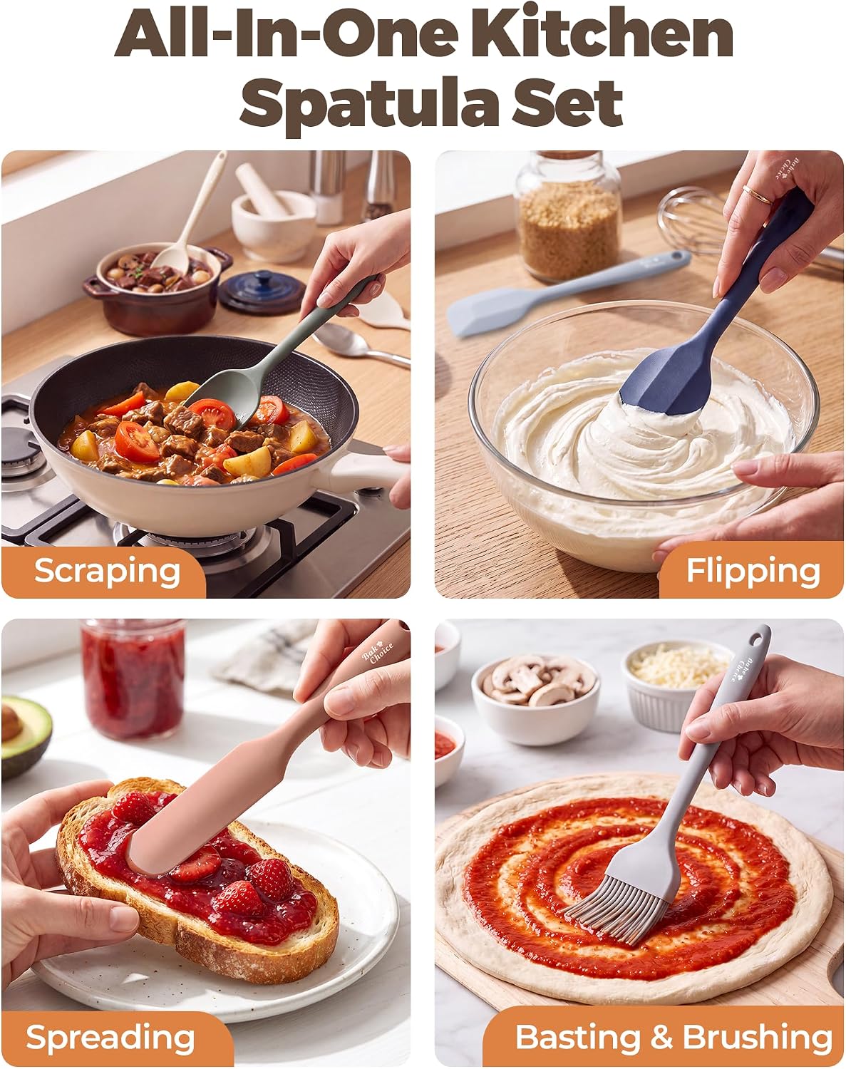 Bake Choice 6-Piece Silicone Spatula Set, Solid Steel Core, Heat Resistant