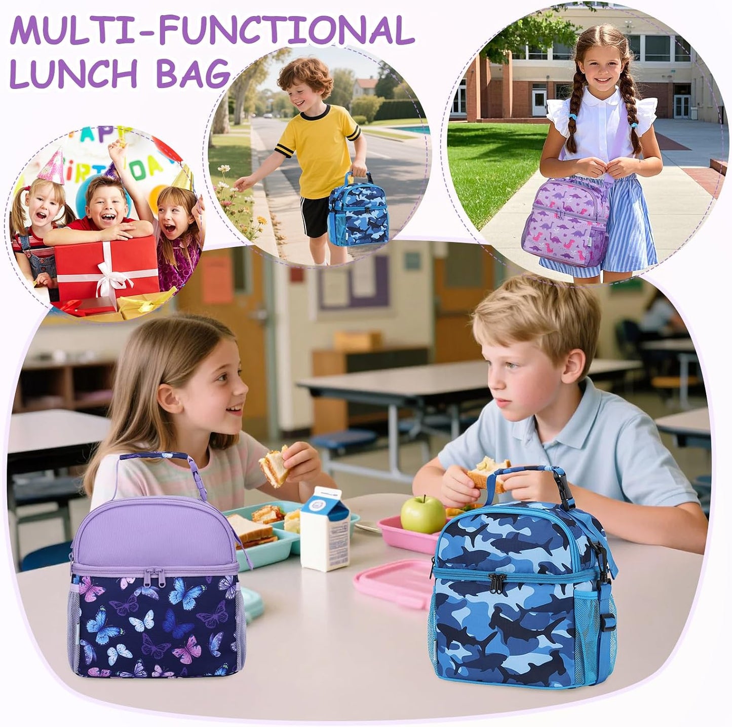 VASCHY Lunch Box Bag for Kids, Insulated Double Compartments Cooler Lunch Tote for Toddlers Boys Girls School/Daycare/Picnic Black Dinos