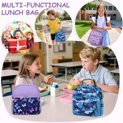 VASCHY Lunch Box Bag for Kids, Insulated Double Compartments Cooler Lunch Tote for Toddlers Boys Girls School/Daycare/Picnic Black Dinos