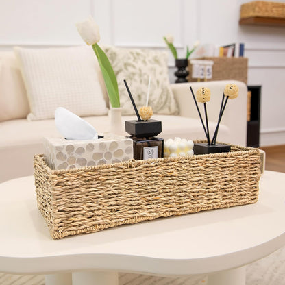 2-Pack Handwoven Water Hyacinth Storage Baskets with Handles, Wicker Bins for Pantry Organization, Shelf or Closet Organizer, Decorative Boho Rectangular Basket 13.5" x 8"