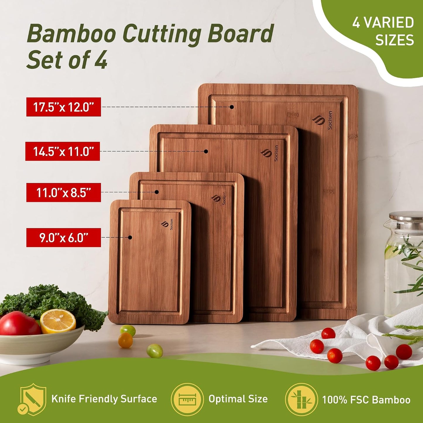 3 Packs Bamboo Cutting Board Set with Non Slip Feet and Over Sink Nice Solid Thick Wood Juice Groove Chopping Board Extra Large Big Small Best Hardwood Kitchen Counter Organic Vegetable