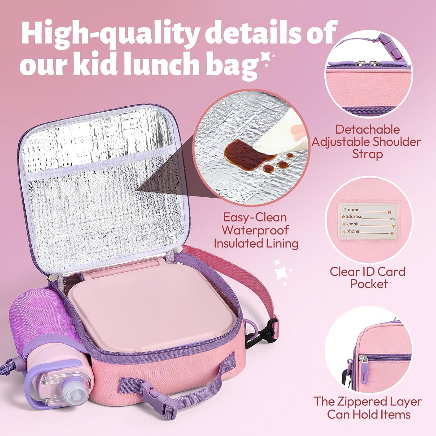 Itslife Bento Box for Kids Set, Insulated Food Container,Kids Lunch Box, 7 oz Thermos for Hot Food, 12 oz Thermos Water Bottle, Reusable Insulated Ice Bag & Fork Spoon Utensils Camping Travel Pink
