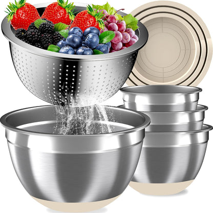 Mixing Bowls with Lids Set, 16PCS Stainless Steel Mixing Bowls,Nesting Storage Bowls for Kitchen with Mixing Bowls Set, Colander, Strainer & Grater , Metal Salad Bowl for Kitchen Gadgets , Cream