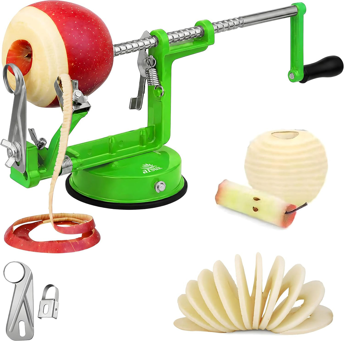 Apple Peeler Corer Slicer All in One – Apple Peeler Slicer Corer with Stainless Steel Blades, Multi-Function Apple Potato Peeler (Green Apple Peeler)