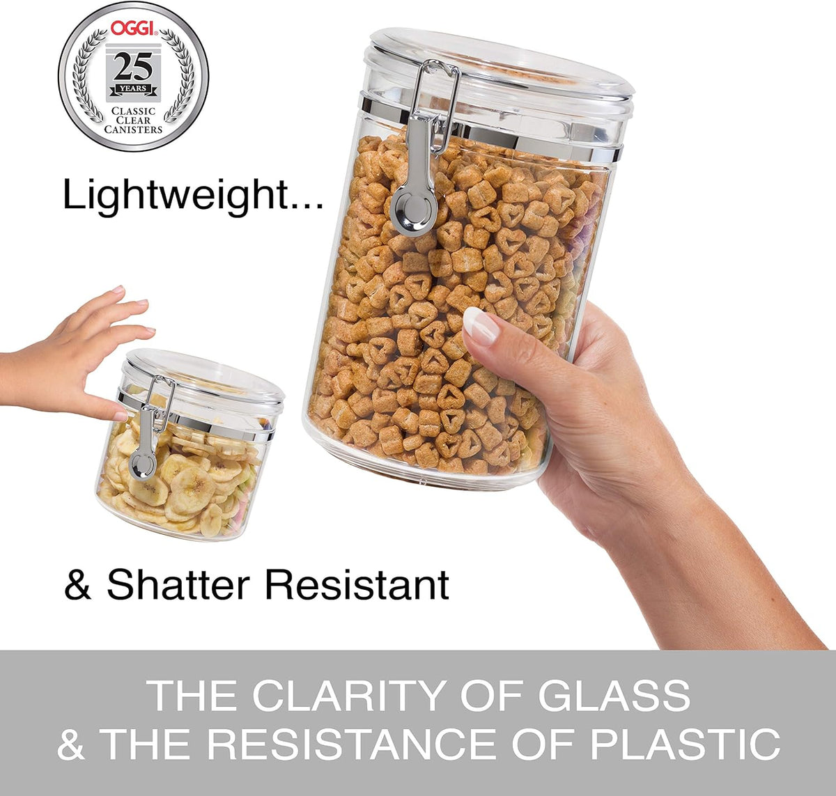Oggi Clear Canister with Clamp Lid, 28 oz - Large Airtight Food Storage Container, for Kitchen & Pantry Storage of Bulk, Dry Foods Including Pasta, Flour, Sugar, Coffee, Rice, Tea, Spices & Herbs
