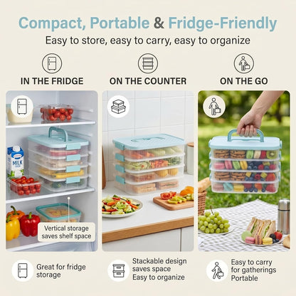 4 Tier Stackable Food Storage Container with Handle, Extra High Portable Carrier Box for Cookies, Cupcakes, Charcuterie, Pastries and Party Snacks (Mint Green)