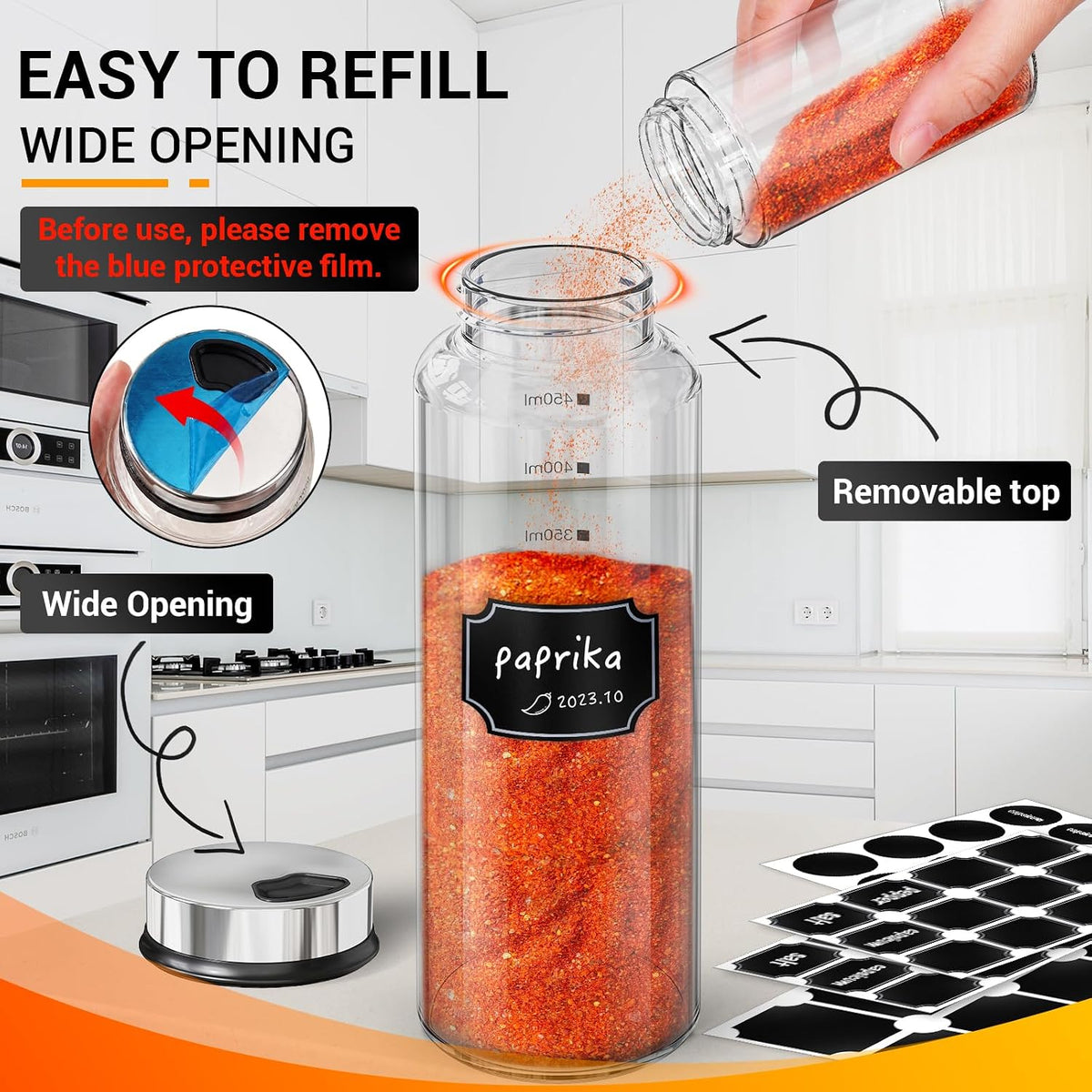 Segarty Spice Jars, 3 oz Spice Bottles with Shaker Lids, Glass Empty Seasoning Containers with Adjustable Pour Holes for Kitchen Spice Storage Stainless Steel Flow Top Salt and Pepper Shakers