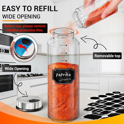 Segarty Spice Jars, 3 oz Spice Bottles with Shaker Lids, Glass Empty Seasoning Containers with Adjustable Pour Holes for Kitchen Spice Storage Stainless Steel Flow Top Salt and Pepper Shakers