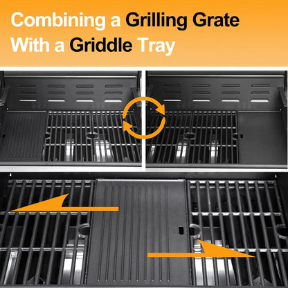 69000 BTU Output Propane Gas Grill with Side Burner and 6 Main Burners - Double-layer Stainless Steel Lid, Cast Iron Grids and Plate, Easy-Clean Grease Management for Perfect BBQs