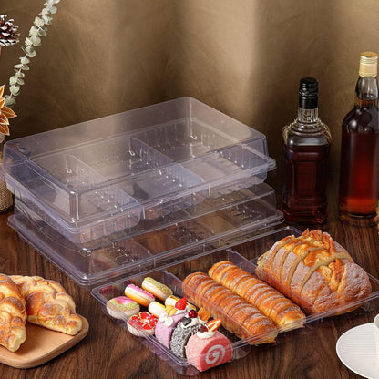 Shellwei 5 Pack Extra Large Charcuterie Board with Lid 15 x 10 Inch 3 Section Divided Catering Trays with Lids Large Disposable Travel Catering Serving Trays Platter (White)