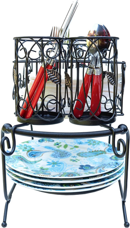 Portable Utensil Caddy for Parties, Elegant Leaf Design Buffet & Silverware Organizer with Napkin Holder, Stainless Steel Plate Storage Caddy for Camping, BBQ & Outdoor Dining