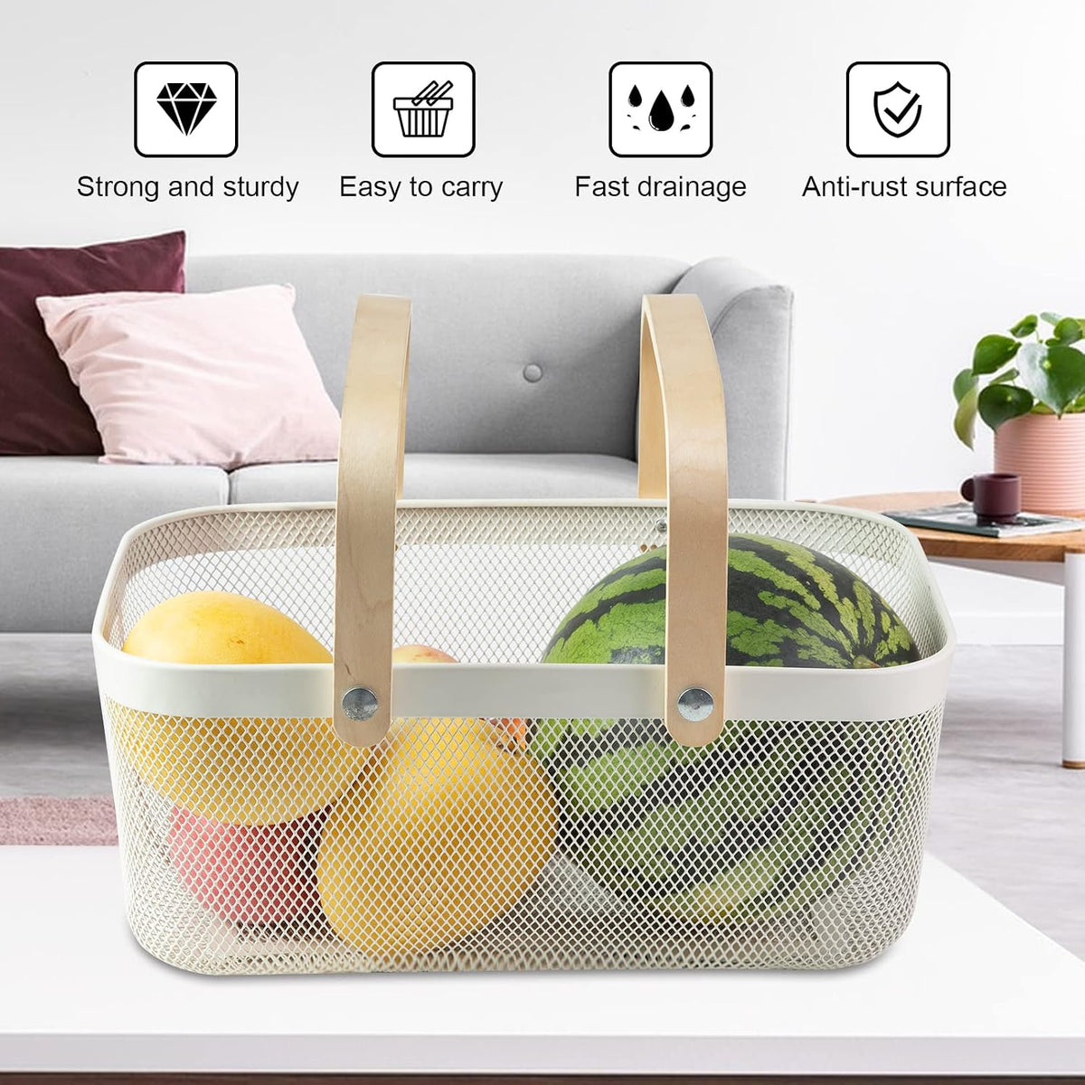 Portable Garden Harvest Basket-Mesh Design Natural Bamboo Handle Wire Storage Baskets,Mesh Basket with Handle Organize Items Reduce Space Occupation,Suitable for Kitchen,Garden,Picnic(Black)