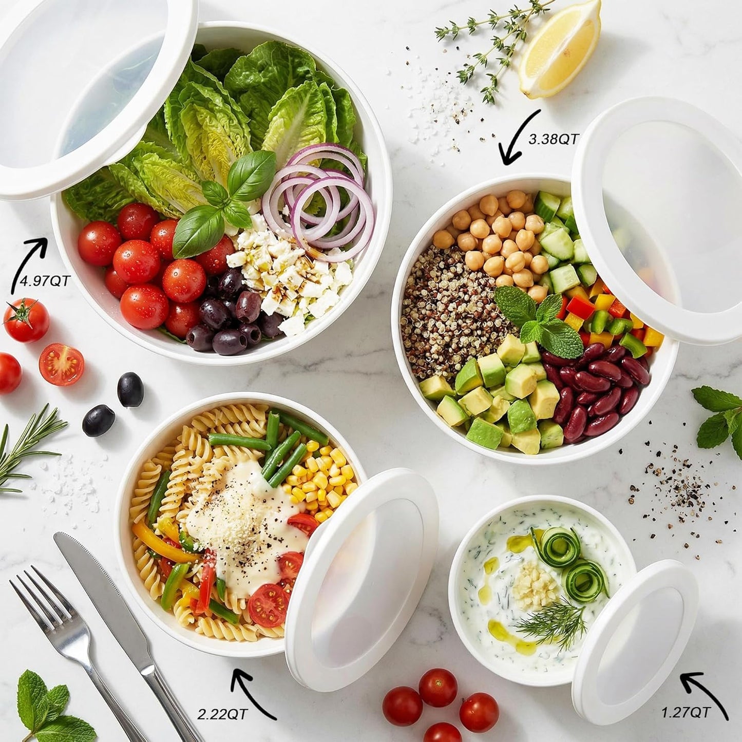 BoxedHome Plastic Mixing Bowls with Lids Set,4.97QT Large Capacity Deep Nesting Bowl,8 Pieces Set BPA-Free Prep Bowls,Dishwasher & Microwave Safe,Beige