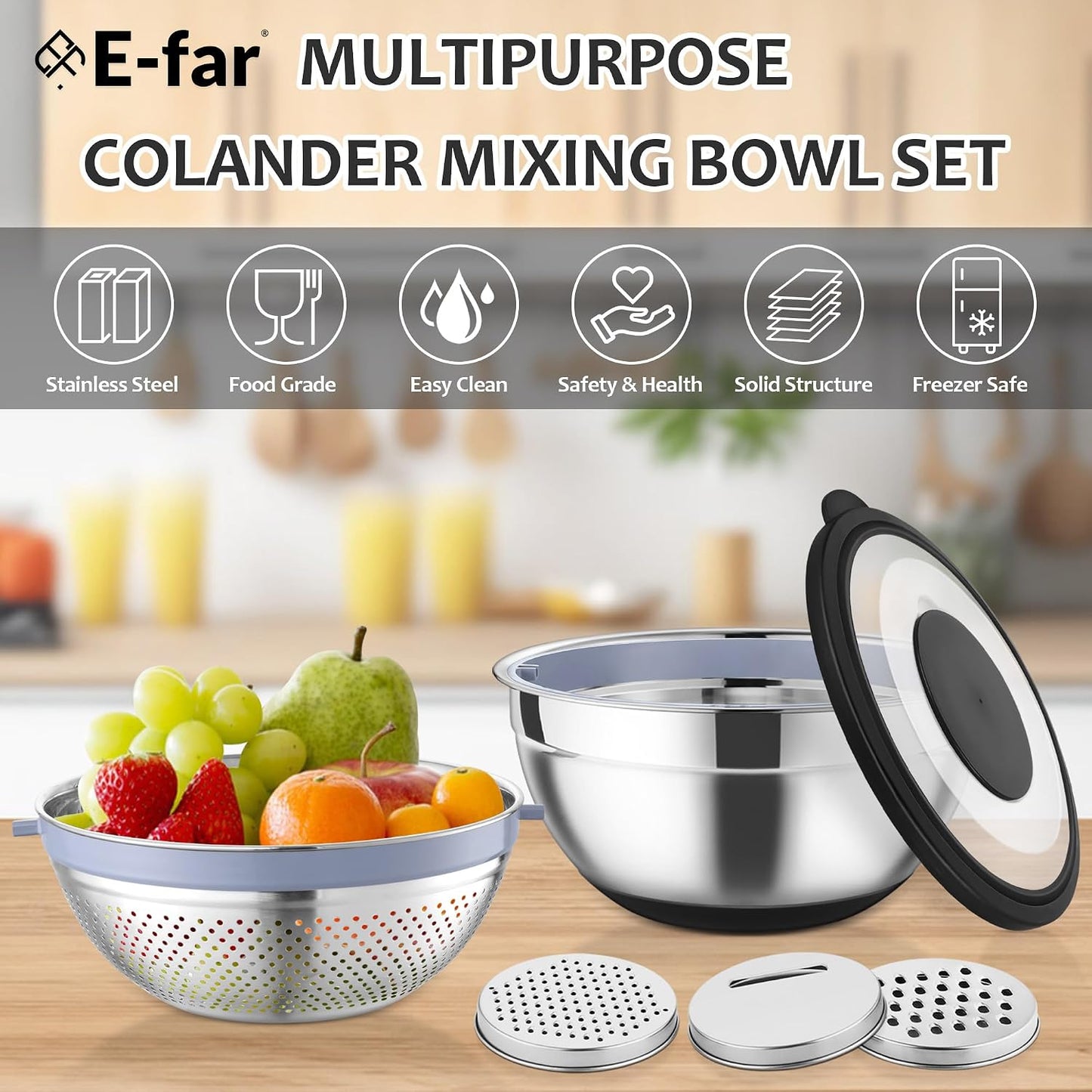 E-far Colander with Mixing Bowl Set, 4-1 Stainless Steel Colander Strainers Bowl with Graters for Kitchen, Rotatable Food Strainer Bowl for Rinsing Fruits Vegetables/Draining Pasta - Black