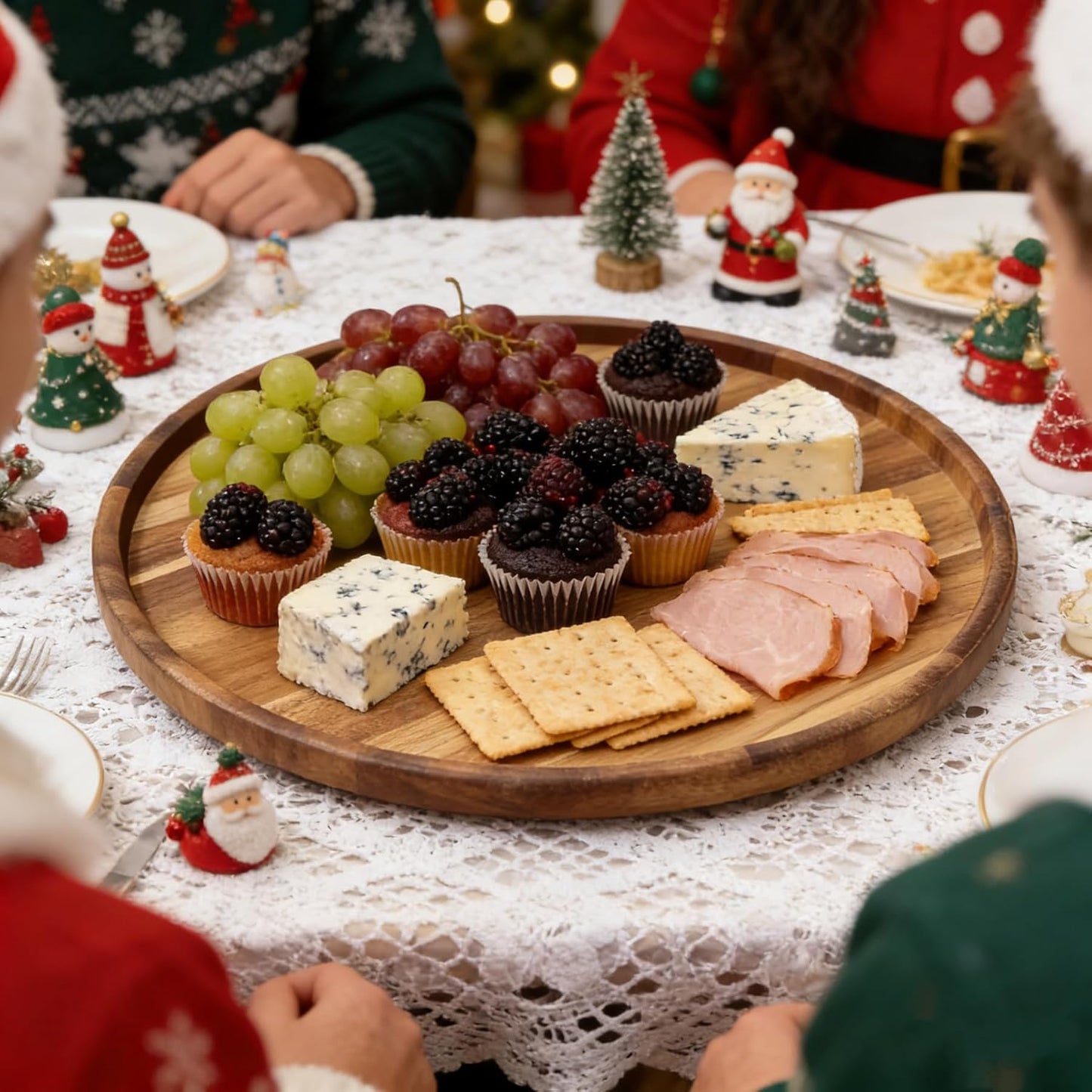 Utoplike Extra Large Acacia Wood Serving Tray, 23.6'' Round Charcuterie Board, Cheese Board with Rotating Base Raised Edge and Removable Dividers for Food, Snacks, Party, Dining