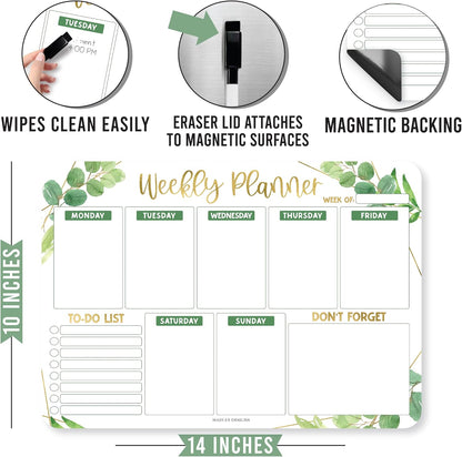 Greenery Dry Erase Weekly Calendar for Fridge - Magnetic Whiteboard, Schedule Board, White Board