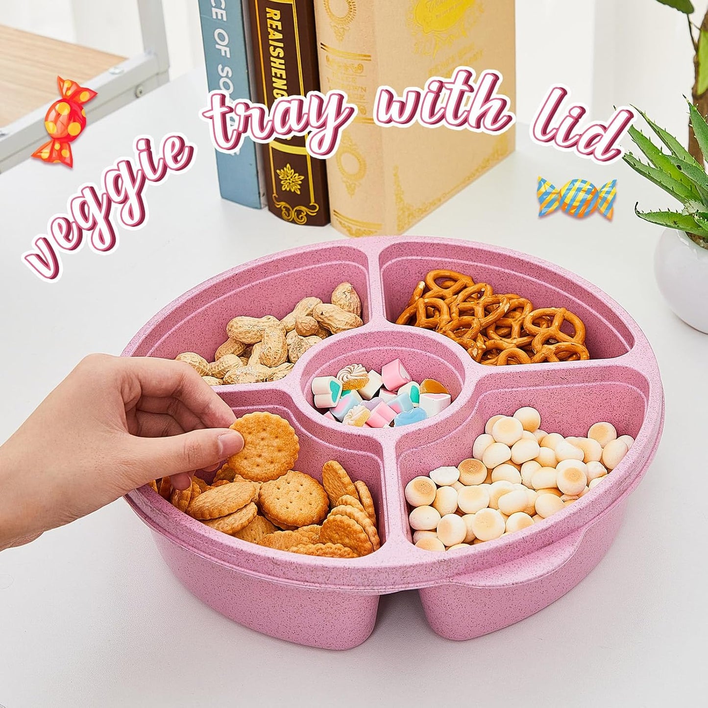 Kigley 6 Pcs Divided Serving Tray with Lid Veggie Tray with Lid for Fridge 5 Compartment Vegetable Platter Fruit Platter Reusable Round Food Container Plastic Serving Dish for Lunch Meal Snack Storage