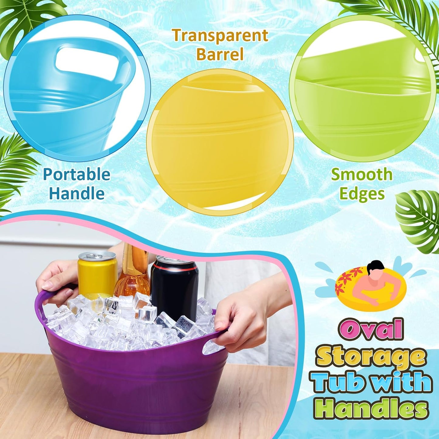 Norme 24 Pcs Oval Storage Tub with Handles, 4.5l Plastic Ice Buckets Bulk for Wine Beer Champagne Drink Cooler Beverage Storage Tub for Parties BBQ Weddings Party Outdoor Celebration(Blue & Red)