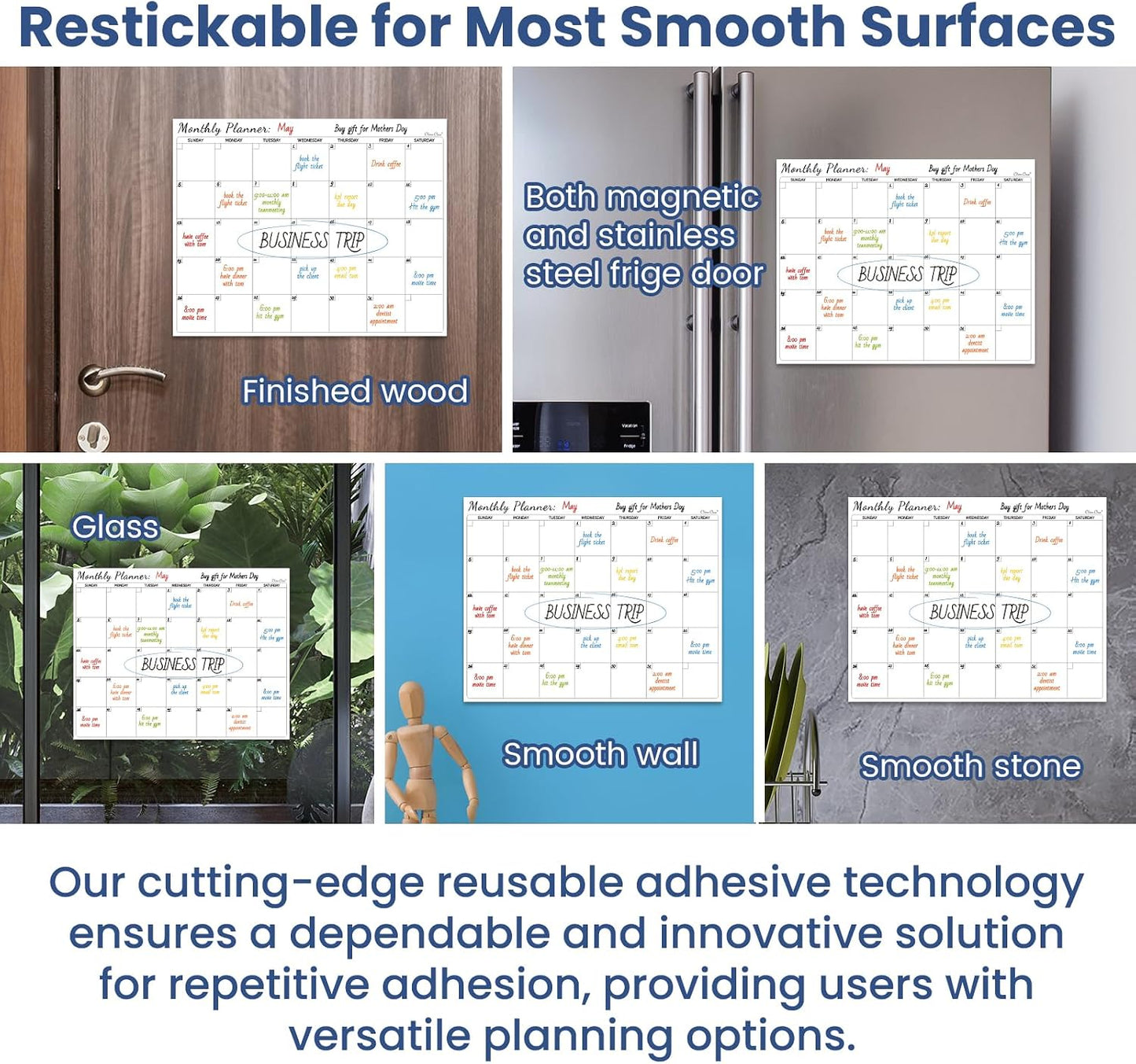 Non-Magnetic Dry Erase List for Fridge - Reusable 8"x11.5" List and Weekly Planning Board Stick to Most Smooth Surfaces - 3 Dry Erase Markers Included