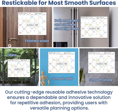 Non-Magnetic Dry Erase List for Fridge - Reusable 8"x11.5" List and Weekly Planning Board Stick to Most Smooth Surfaces - 3 Dry Erase Markers Included