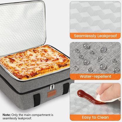 Lunch Bag Insulated Thermal Food Carrier Insulated Double Decker Casserole Carrier for Hot or Cold Food,Insulated Tote Bag for Potluck Cookouts Picnic,Lasagna Holder,Fits 9"x13" Baking Pan,Gray