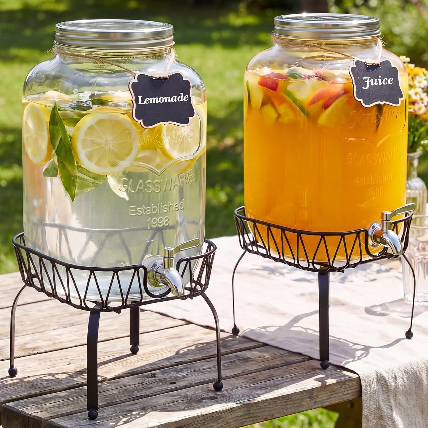 Sliner 2 Pack 2 Gallon Glass Drink Dispenser with Stand Glass Beverage Dispenser Water Juice Drink Containers for Parties with Stainless Steel Spigot Hanging Chalkboard(Stainless Steel)