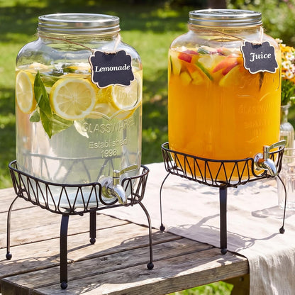 Sliner 2 Pack 2 Gallon Glass Drink Dispenser with Stand Glass Beverage Dispenser Water Juice Drink Containers for Parties with Stainless Steel Spigot Hanging Chalkboard(Stainless Steel)