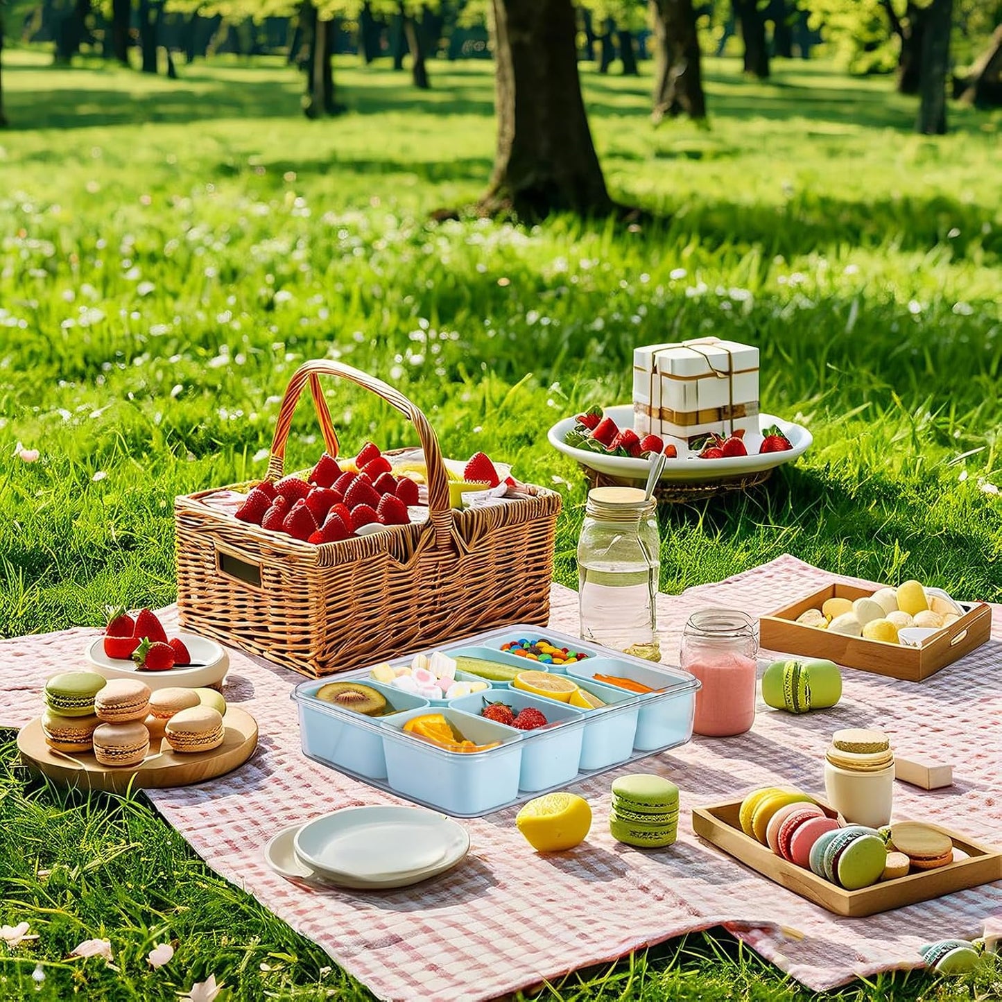 U-QE Dishwasher Safe Snackle Box Container with 8 Small Snacks Box - Premium Ivory Plastic Divided Serving Tray with Lid and Handle for Snack, Veggie, Fruits, Perfect for Party, Picnic, Entertaining