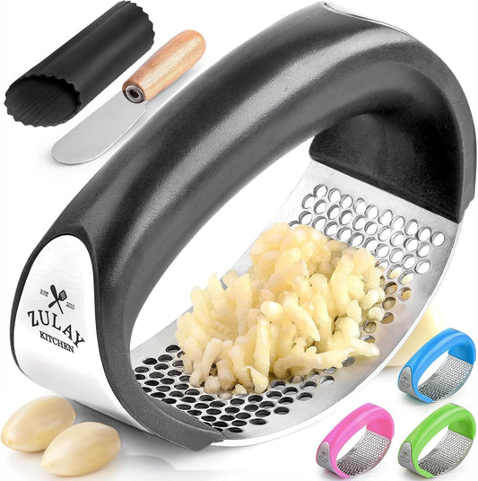 Zulay Kitchen Stainless Steel Garlic Press Rocker Set - Premium Garlic Mincer Garlic Crusher - New Innovative Garlic Crusher with Peeler and Scraper - Comfortable Grip (Black)