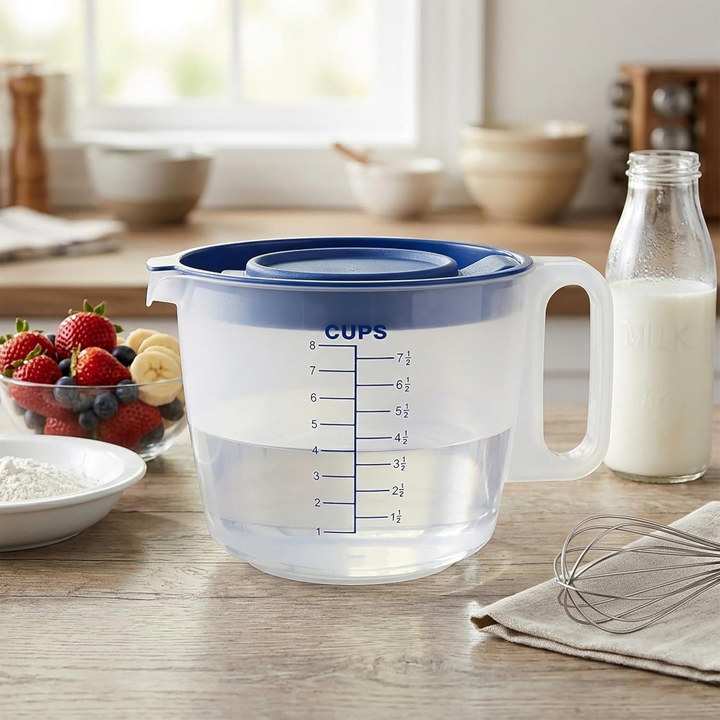 8 Cup Measuring Cup with Splash Guard Lid, BPA-Free Plastic Mixing Bowl for Baking, Pancakes & Meal Prep, Clear Accurate Measurement Marks